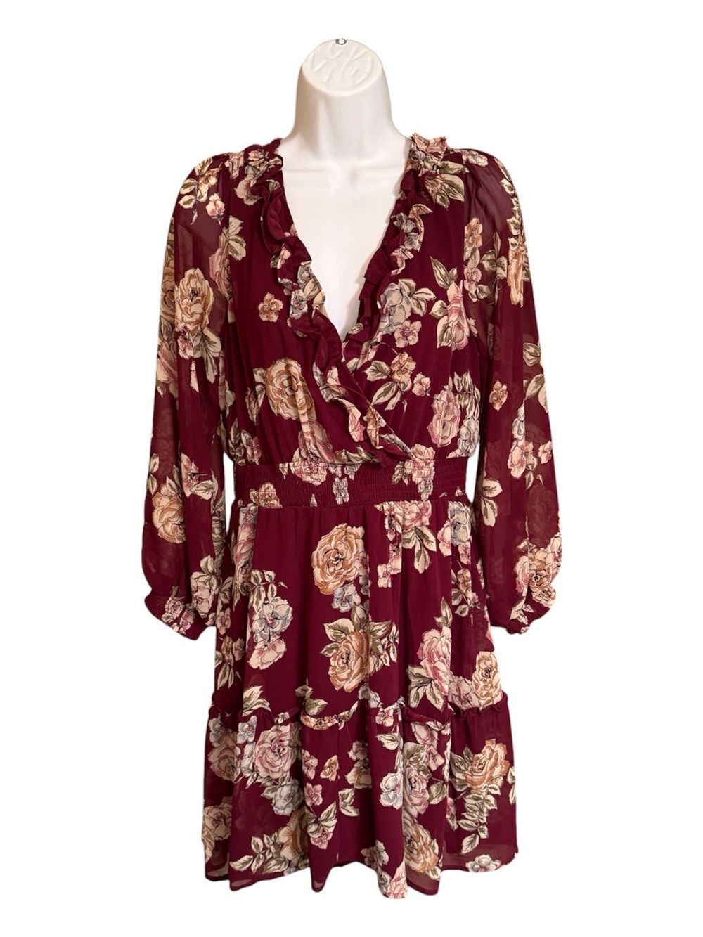 Maurices Burgundy Floral Ruffle Faux Wrap Dress M NWT Long Sleeve Tiered
